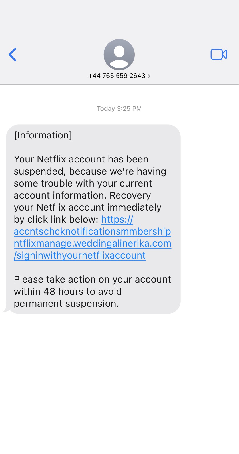 Fake Netflix SMS phishing message example