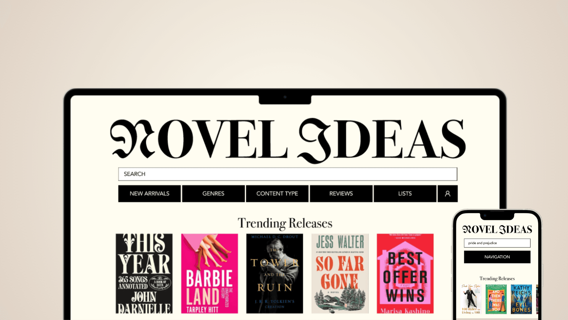 Novel Ideas banner, laptop and phone mockup of home screen