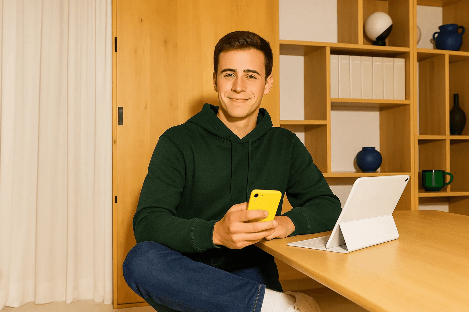 Young man in a green hoodie holding a yellow phone while seated at a table with a tablet.
