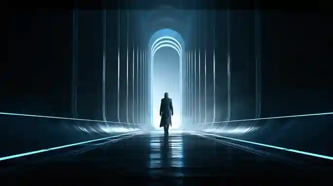Silver-haired figure walking through a futuristic corridor