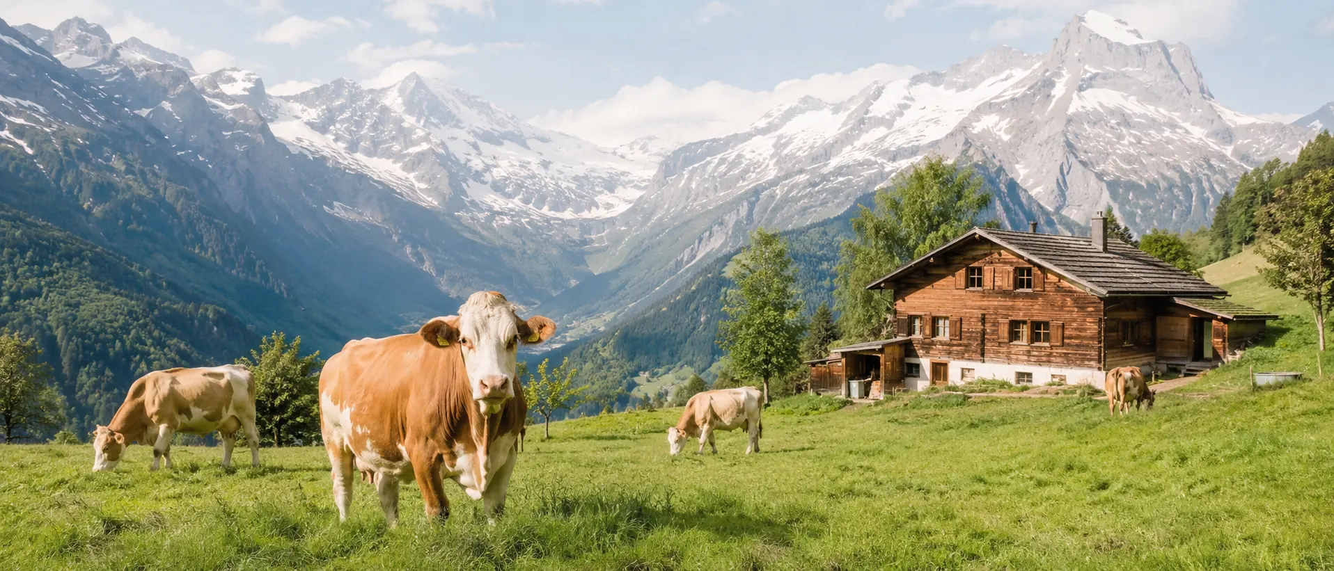 Schweizer Alpental mit Holzchalet, grüner Weide, Kühen und schneebedeckten Bergen