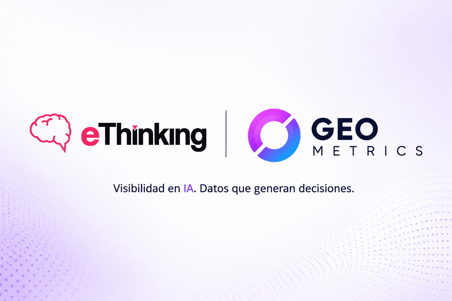 eThinking + GEO Metrics strategic partnership visual featuring the official logos of eThinking and GEO Metrics, highlighting AI visibility management, Generative Engine Optimization (GEO), and AI search analytics for marketing agencies. Clean corporate branding graphic representing collaboration in AI monitoring, Share of Voice tracking, AI citation analysis, and brand visibility across ChatGPT, Perplexity, Gemini, Claude, Copilot, Google AI Overviews, AI Mode, Grok, and DeepSeek. SEO keywords: AI visibility, Generative Engine Optimization, GEO Metrics, eThinking, AI search optimization, AI marketing agency, AI monitoring platform, Share of Voice, AI citation tracking, AI brand visibility, ChatGPT visibility, Perplexity monitoring, AI analytics, AI search marketing, enterprise GEO.