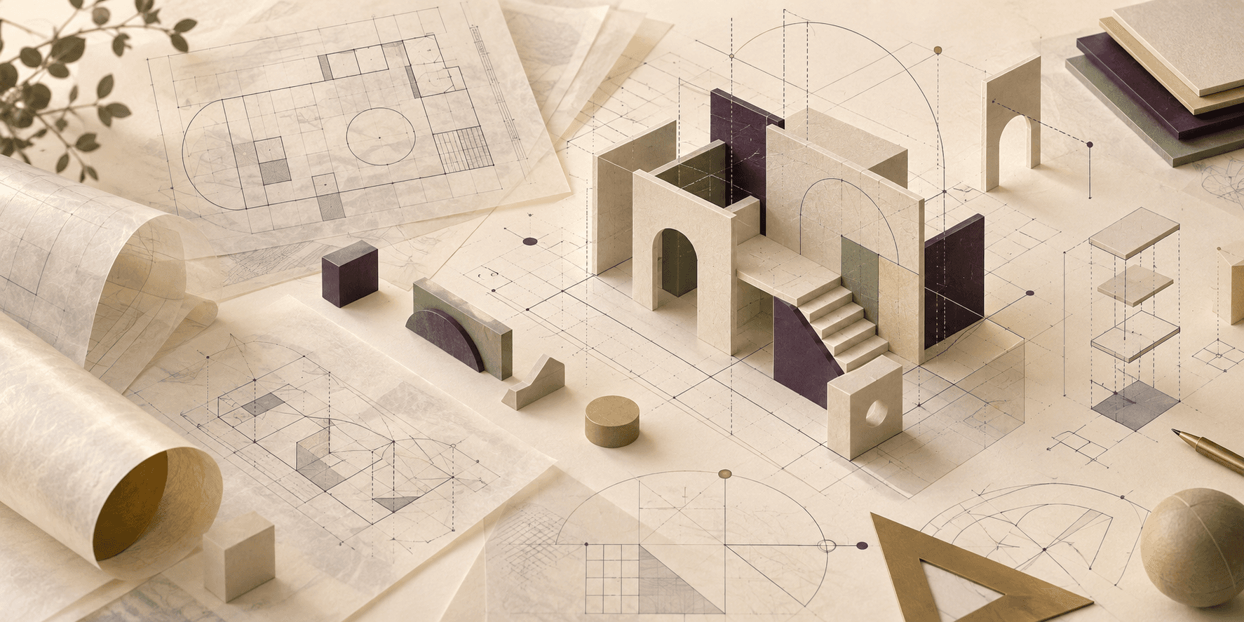 Layered lens artwork in warm editorial tones