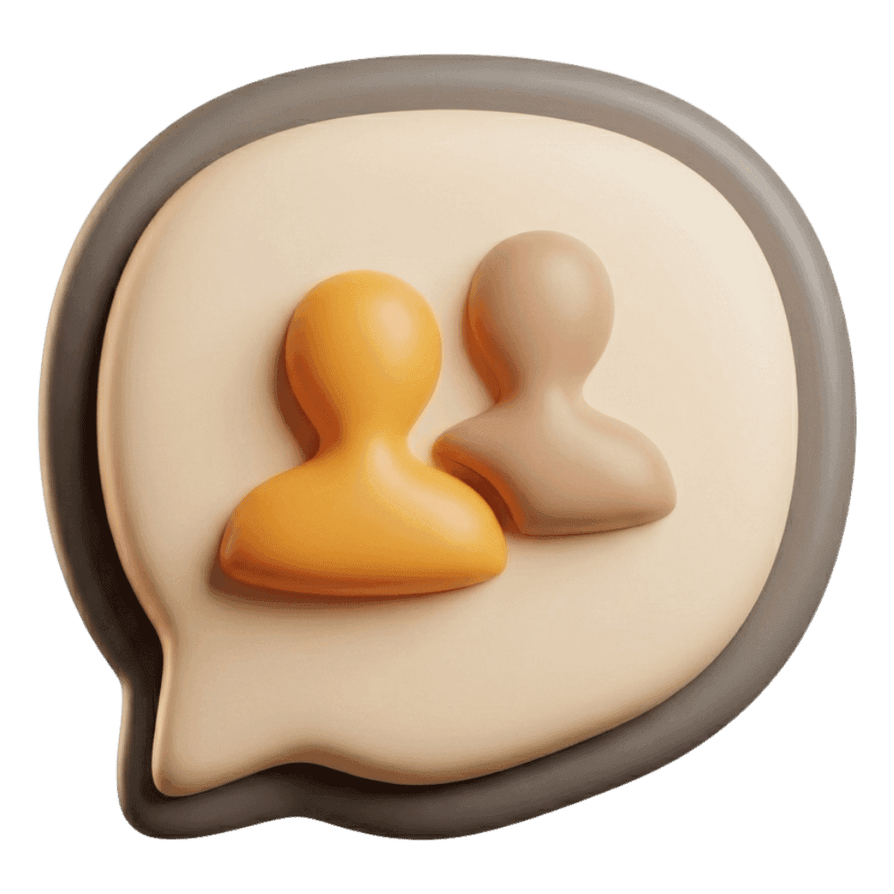 3D illustration of cream and gray overlapping chat bubbles with three dots inside, symbolizing communication, set against a black background.