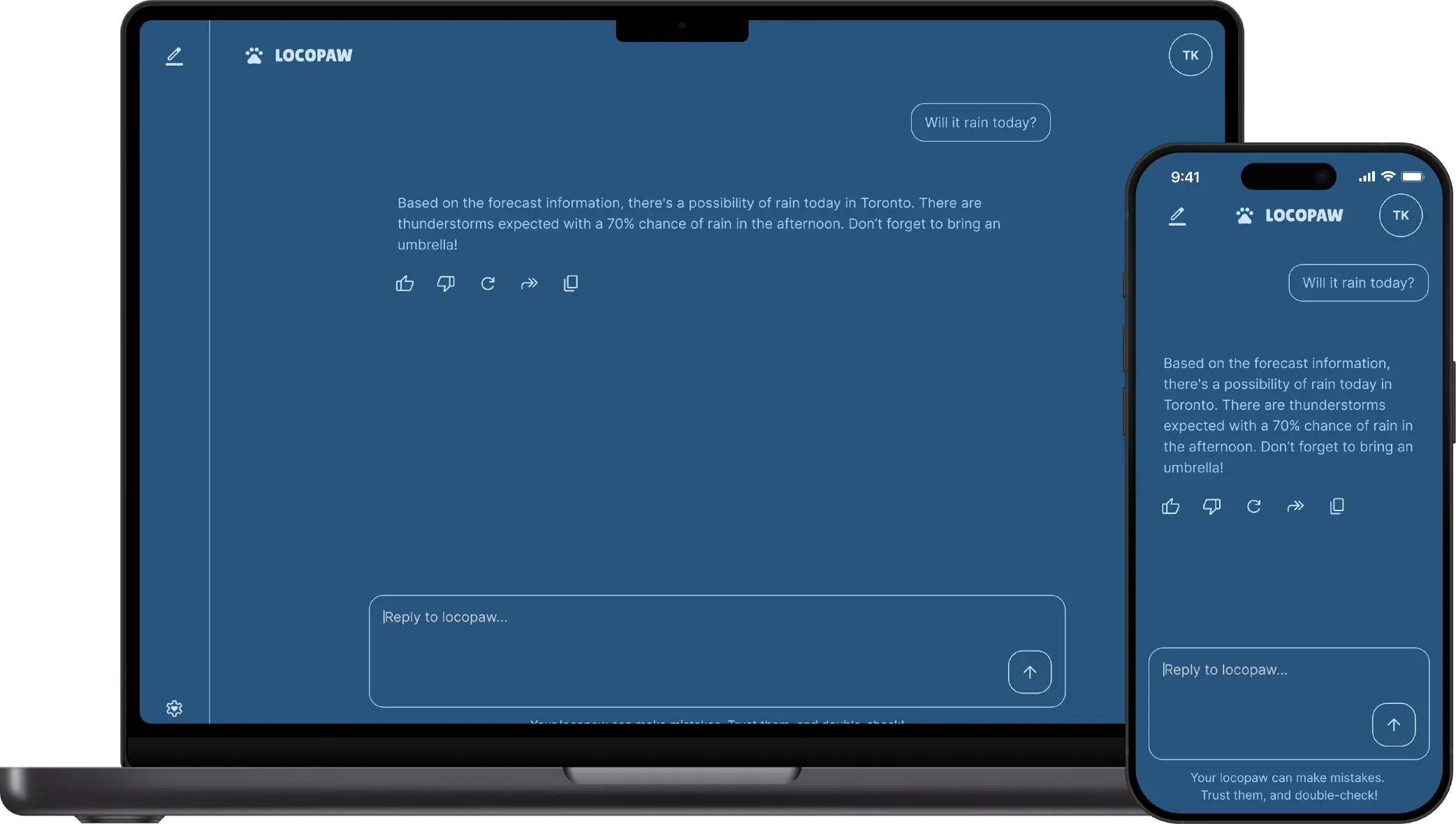 Locopaw chat page in Nighty theme with forecast example.