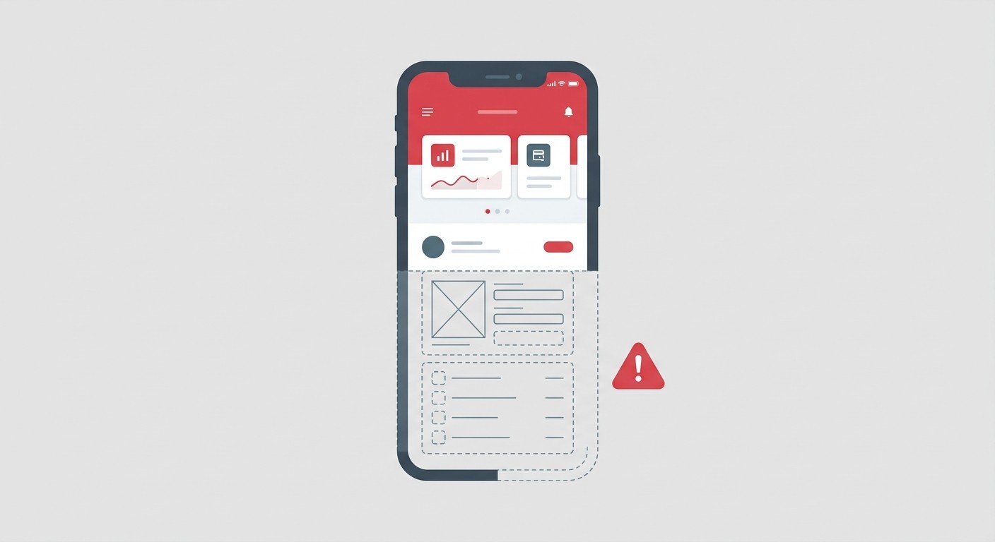 Illustration showing a partially built mobile app screen with an unfinished section and a warning icon