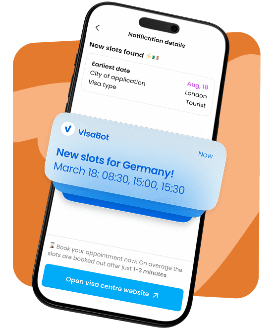 VisaBot mobile app showing Schengen visa appointment openings