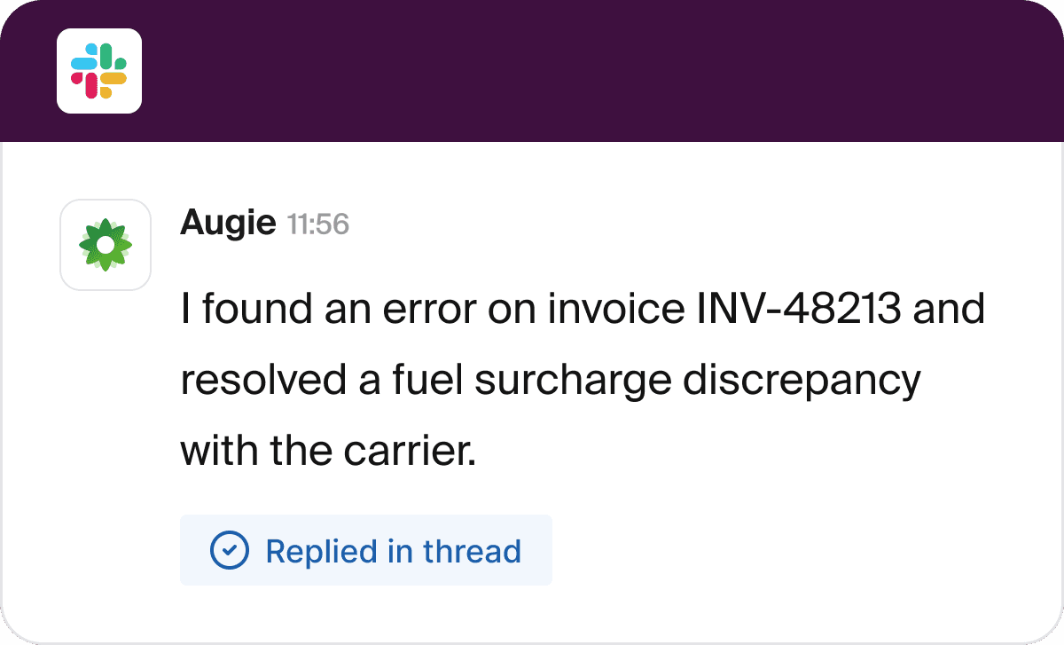 Slack message from Augie reporting a fuel surcharge error found and resolved with the carrier.