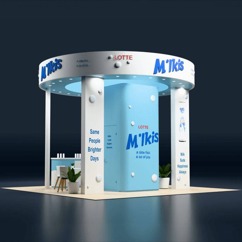 20x20 beverage launch booth with curved canopy, merchandising, and lead capture counter