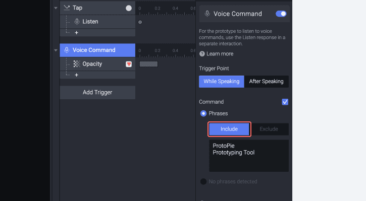 Screenshot of voice command feature in ProtoPie Studio