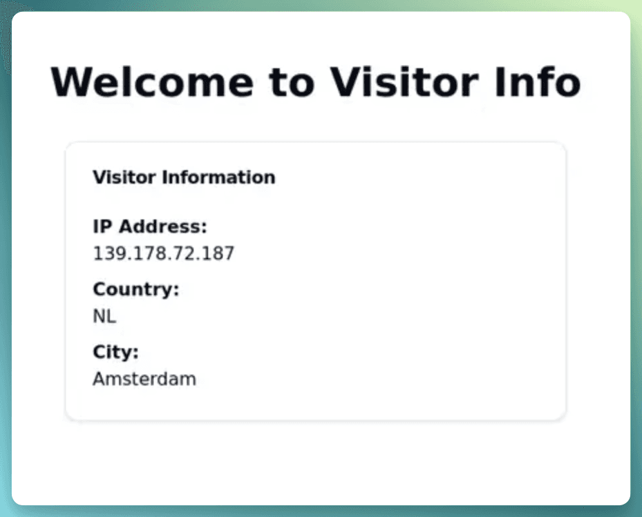 Screenshot of the Visitor Info App displaying visitor information including IP Address (139.178.72.187), Country (NL), and City (Amsterdam).