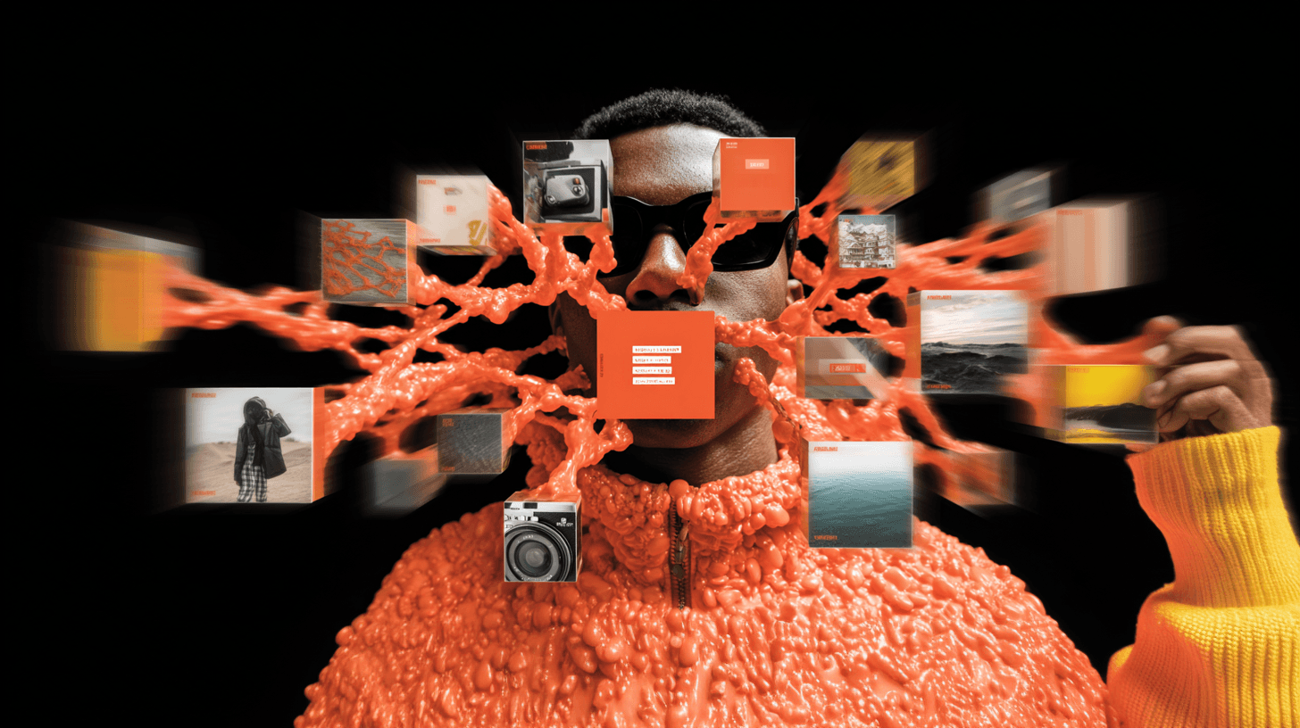 KI-generiertes kreatives Content-Netzwerk mit orangen neuronalen Verbindungen und diversen Medienformaten