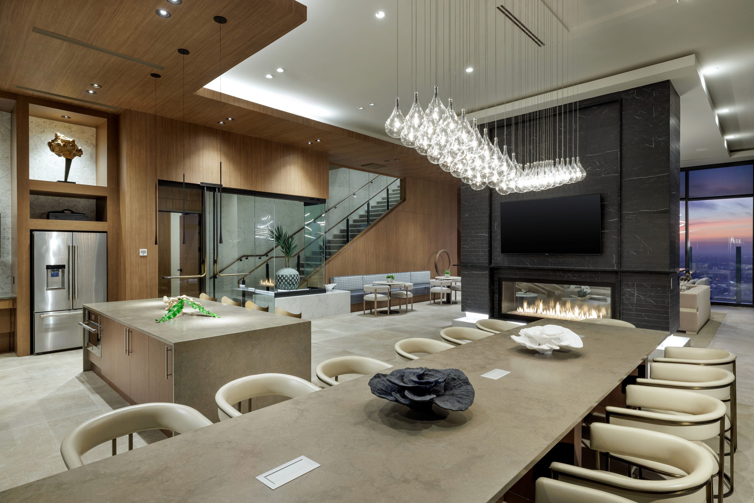 Modern living room with fireplace and island seating