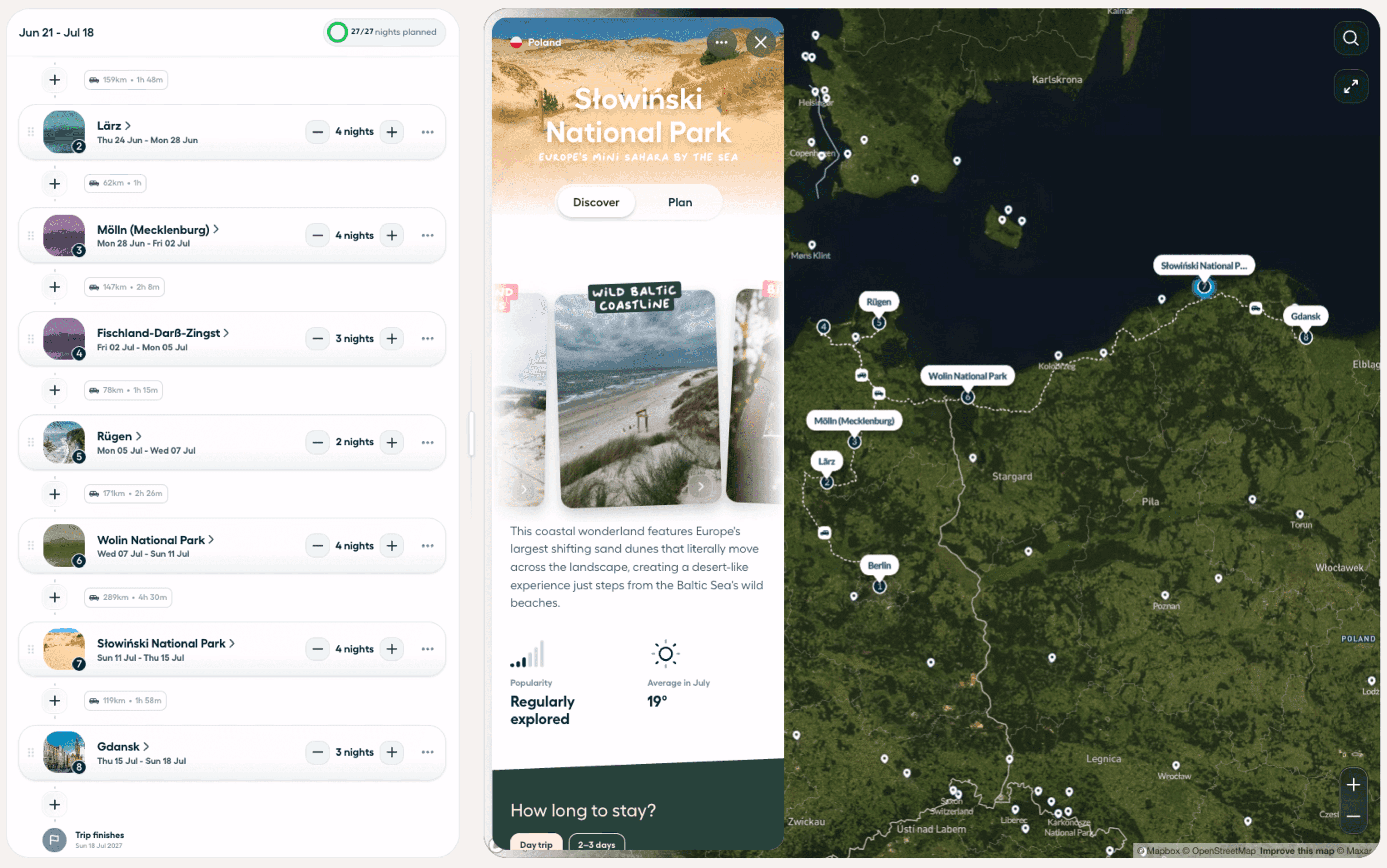 Polarsteps Trip Planner showing a route along Germany and Poland’s Baltic coast, with destination recommendations and an interactive map.