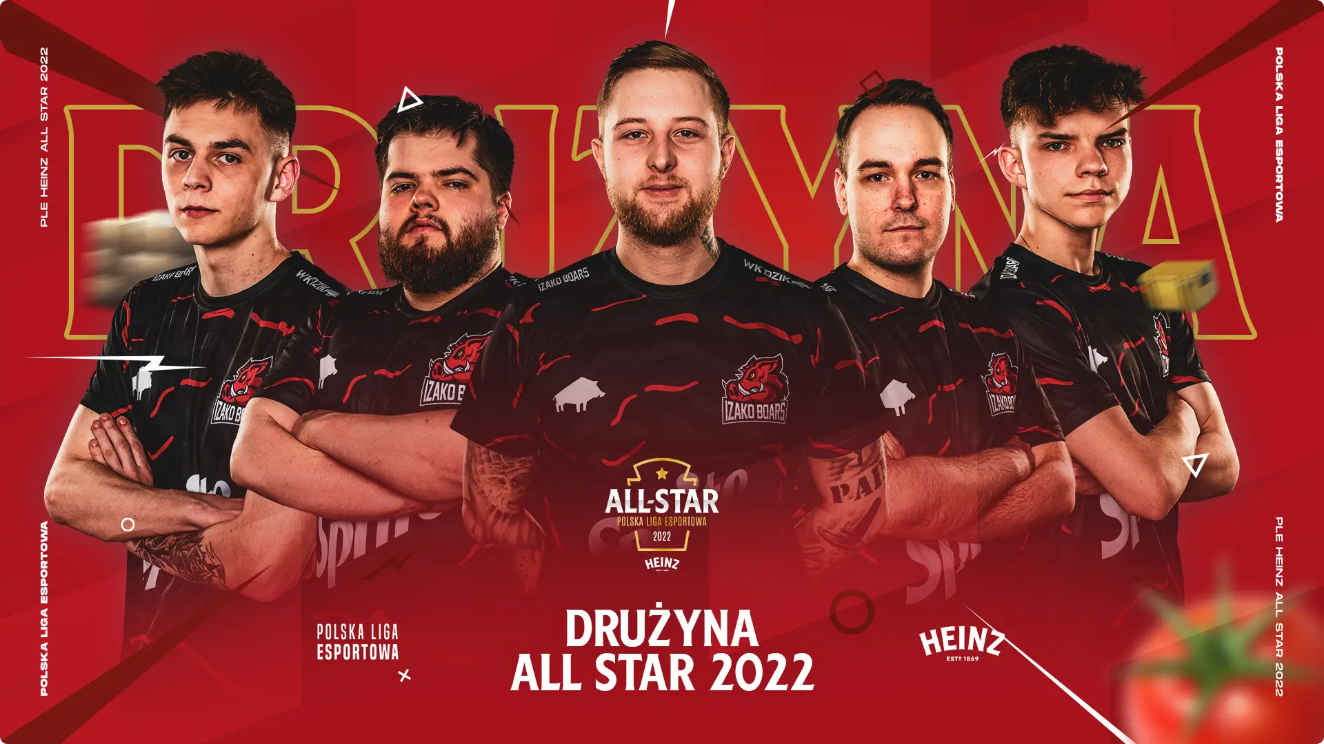Pięciu zawodników e-sportowych w czarnych koszulkach na czerwonej grafice Heinz All-Star 2022