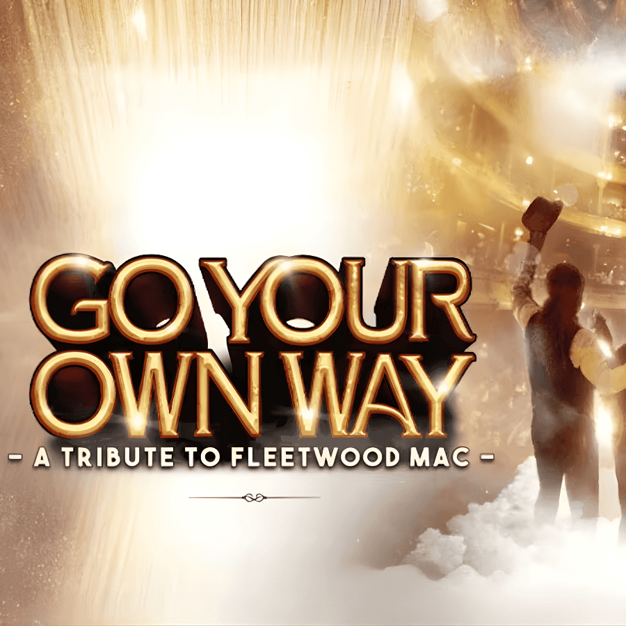 Tribute band on stage with audience, "Go Your Own Way" text.