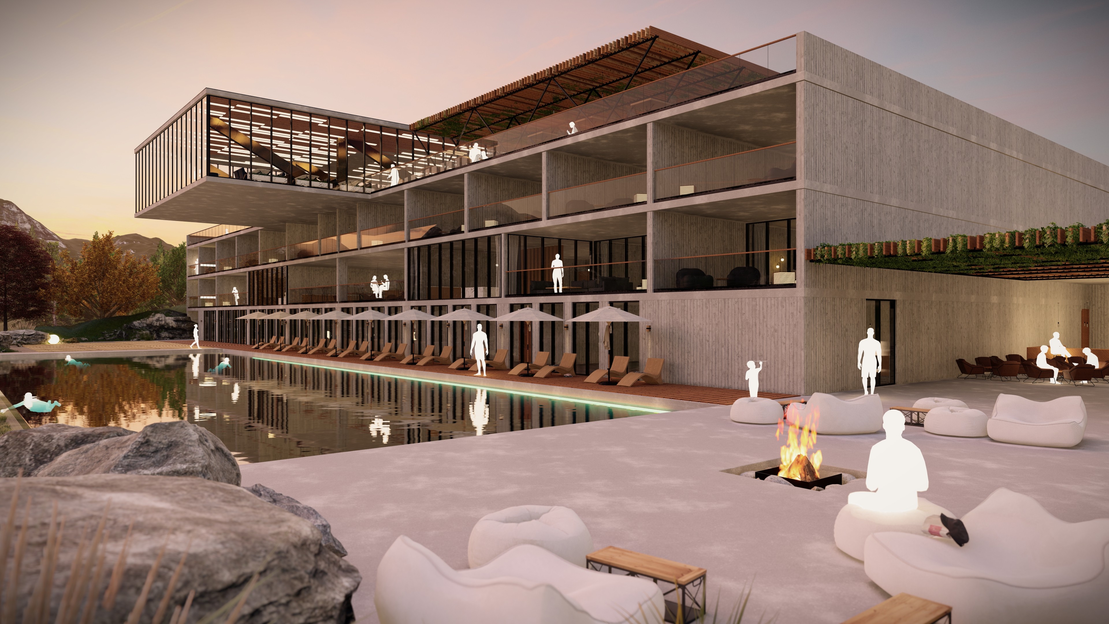 Contemporary valley-view hotel architecture featuring concrete facades, cantilevered glass structures, and outdoor lounge areas with a firepit and pool, surrounded by a serene natural landscape at sunset.