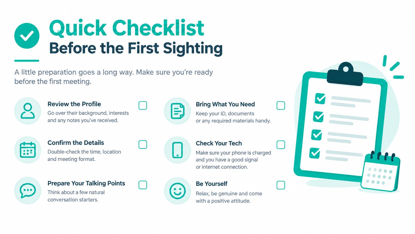 A checklist infographic titled Quick Checklist Before the First Sighting, featuring six steps for meeting preparation.