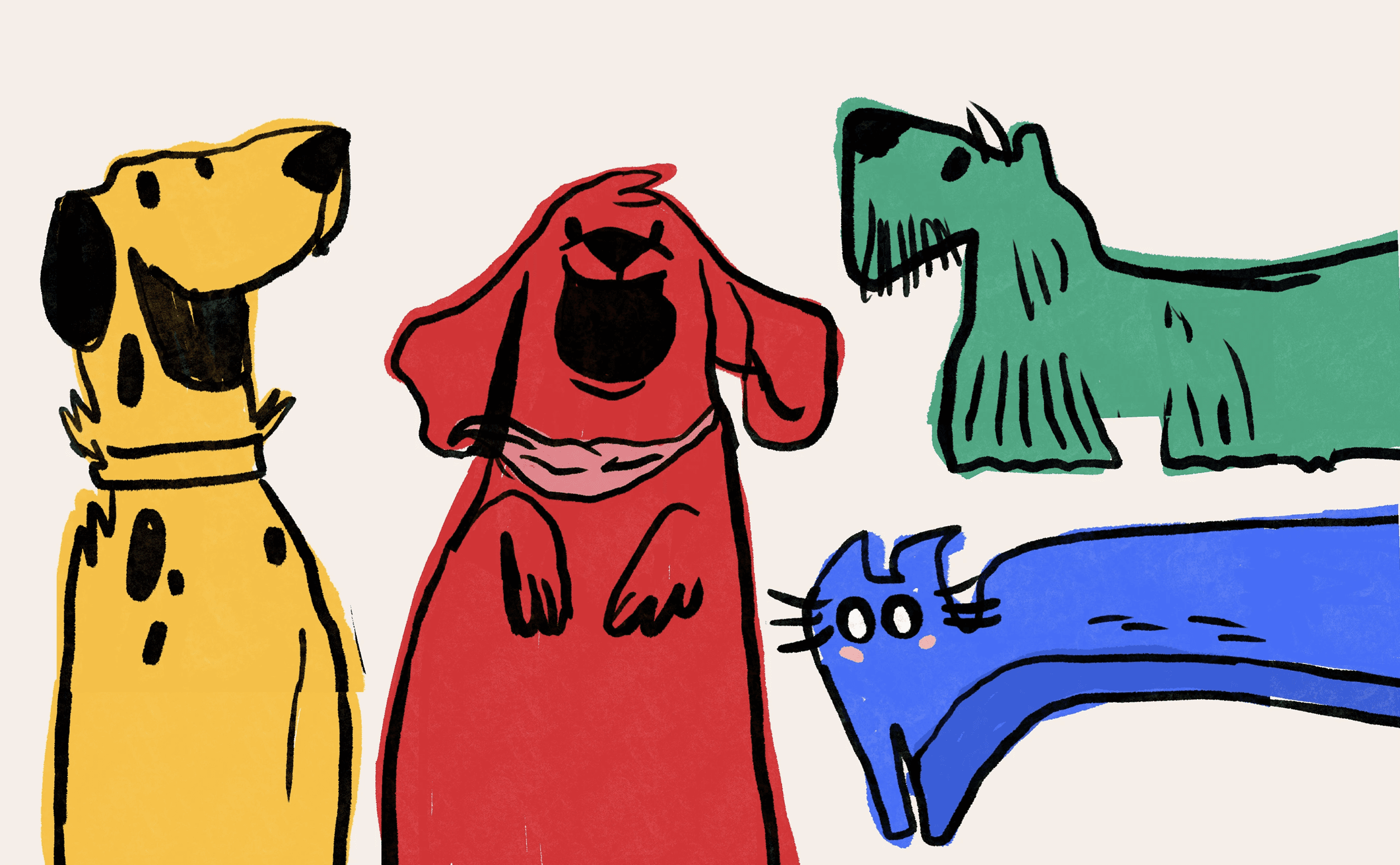 Playful hand-drawn pet mascot illustrations featuring colorful dogs and cats in a bold, expressive sketch style for Pet Fed event branding.