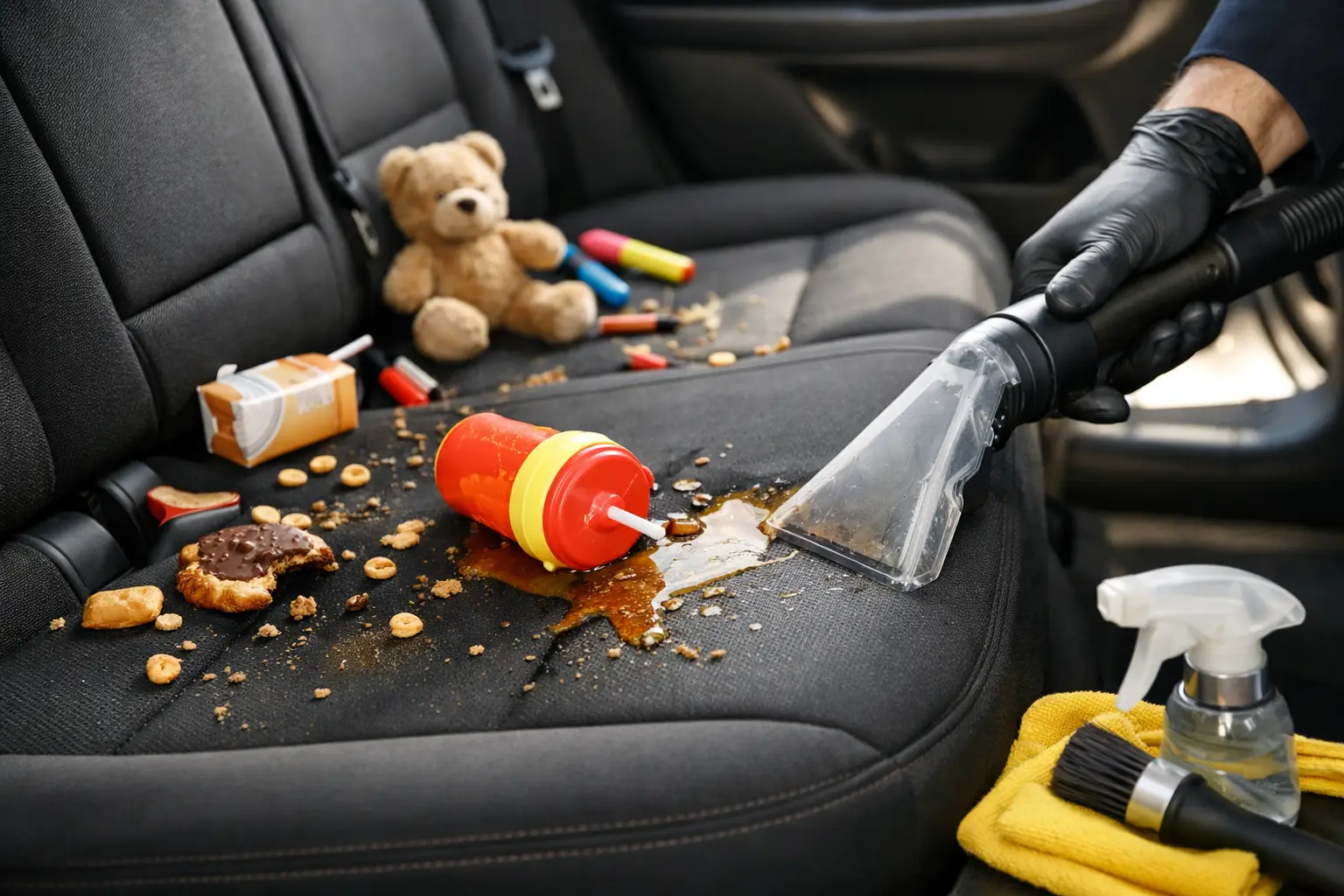 Messy backseat from kids