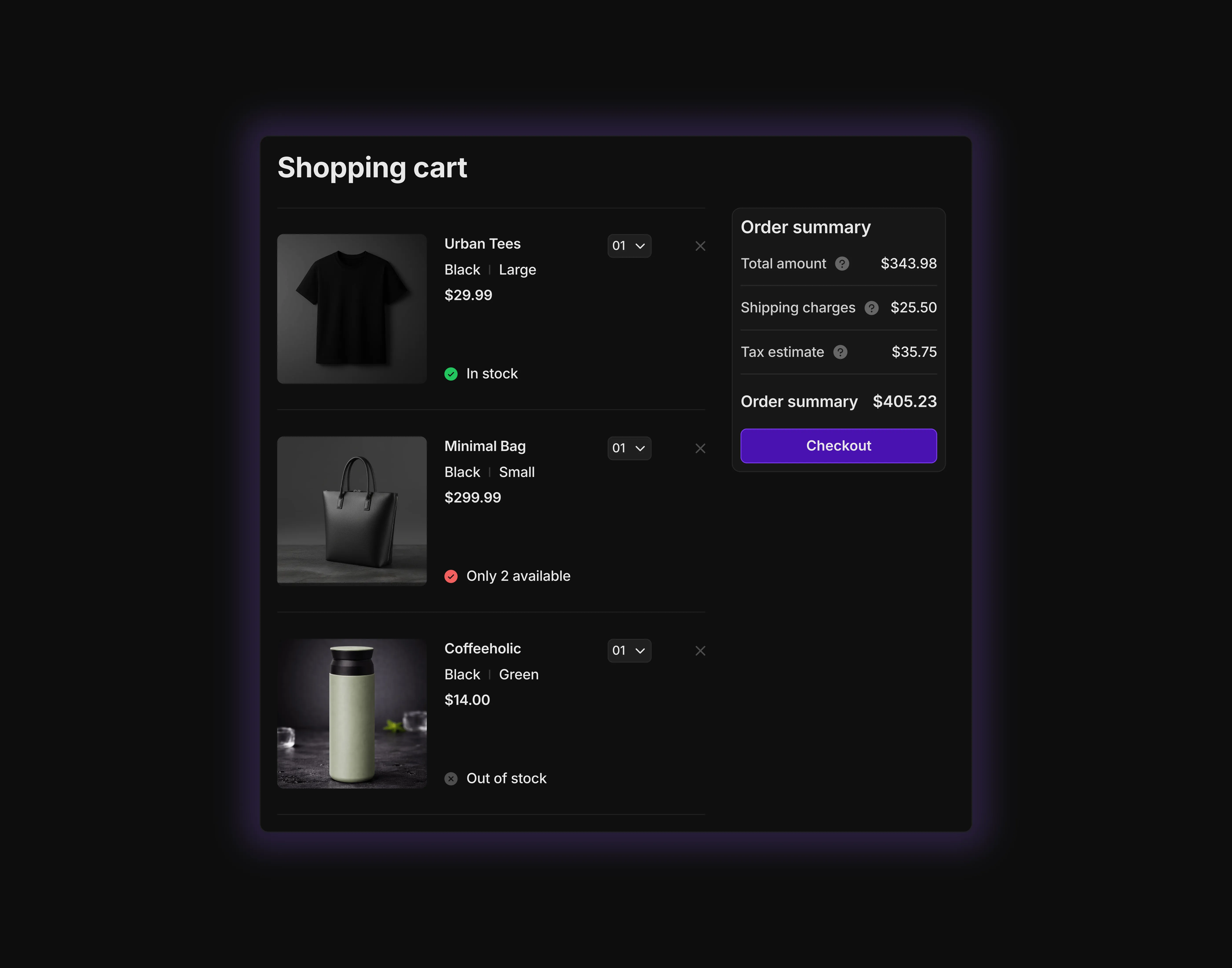 Dark themed shopping cart with two colomn for desktop tablet.