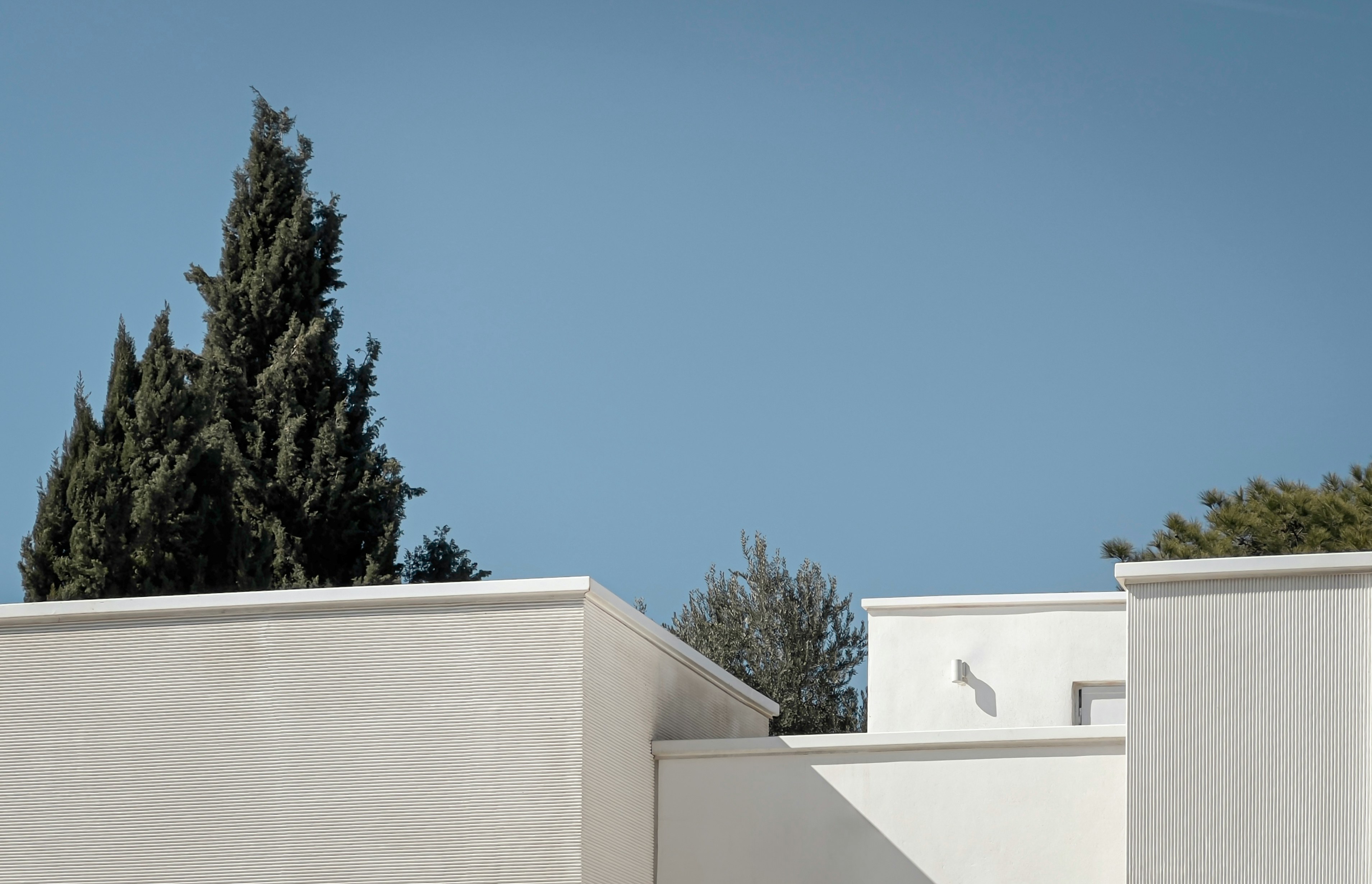 a white building with a tree in the background