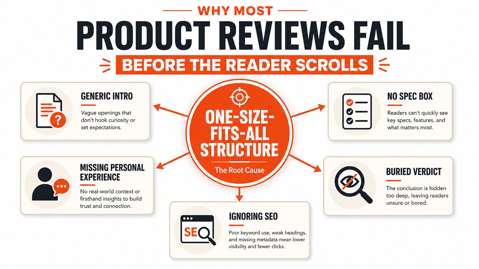 An infographic titled Why Most Product Reviews Fail, illustrating common mistakes like generic intros and missing verdict details.
