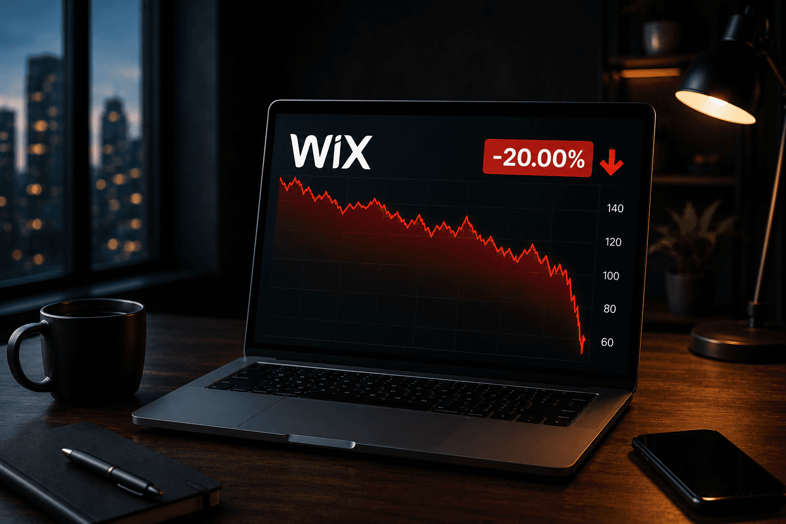 a laptop in an office displaying wix's stock market drop of 20 percent