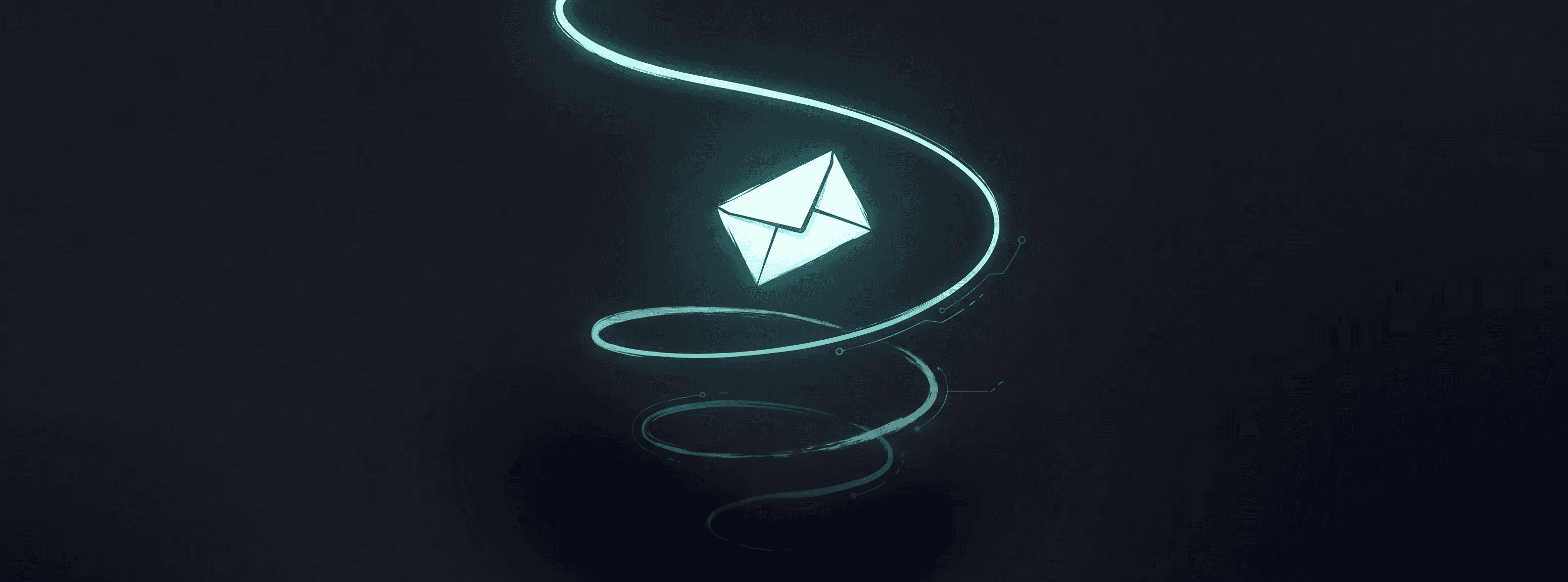 A white paper email envelope spiraling downward along a fading glowing teal line that dims into darkness, with broken circuit traces along its path, illustrated in Japanese minimalist ink style with teal and blue on a black background, representing B2B cold outreach campaigns that fail within the first 30 days.