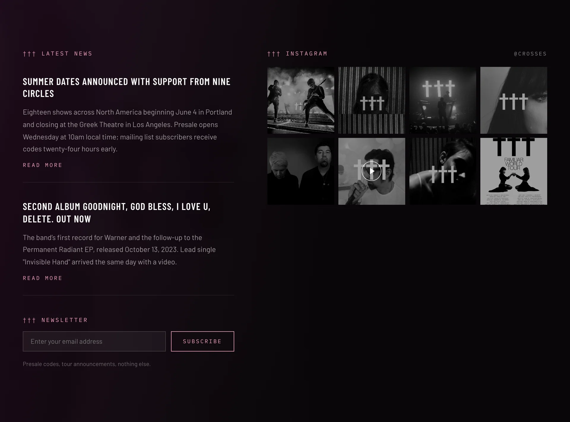 Crosses news page with an editorial feed and social image grid