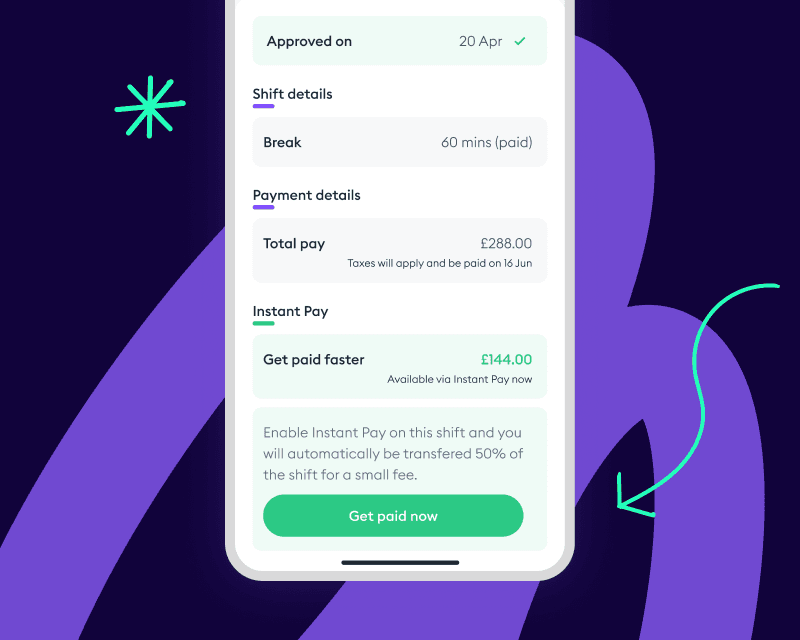 Florence mobile app screen showing shift details, payment breakdown, and instant pay option with a “Get paid now” button.