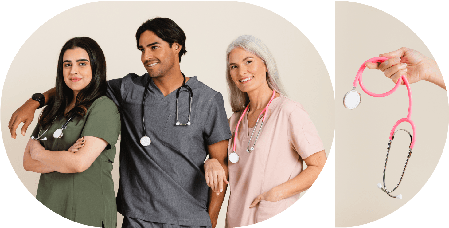 Three nurses in coloful scrubs, staring at and away from the camera and a pink stethoscope in the hand of a nurse.