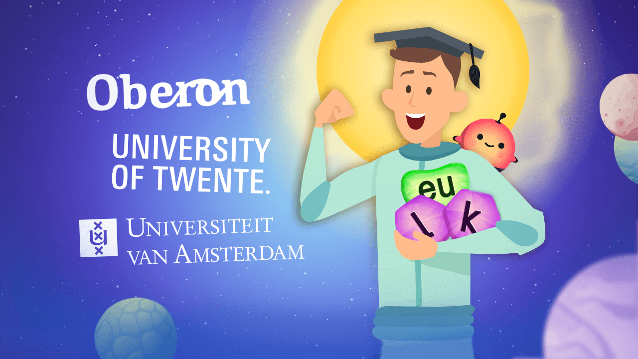 Logo KlankKr8 met het hoofdkarakter in het midden die enkele klanken vast heeft