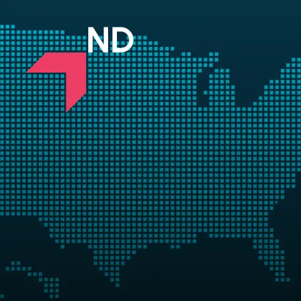 Map highlighting North Dakota with a red arrow, representing GIA Group, LLC truck insurance coverage area.