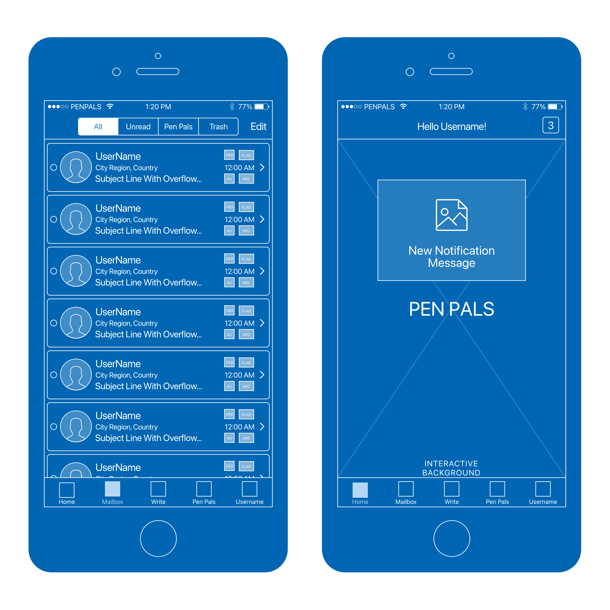 pen pals wireframes