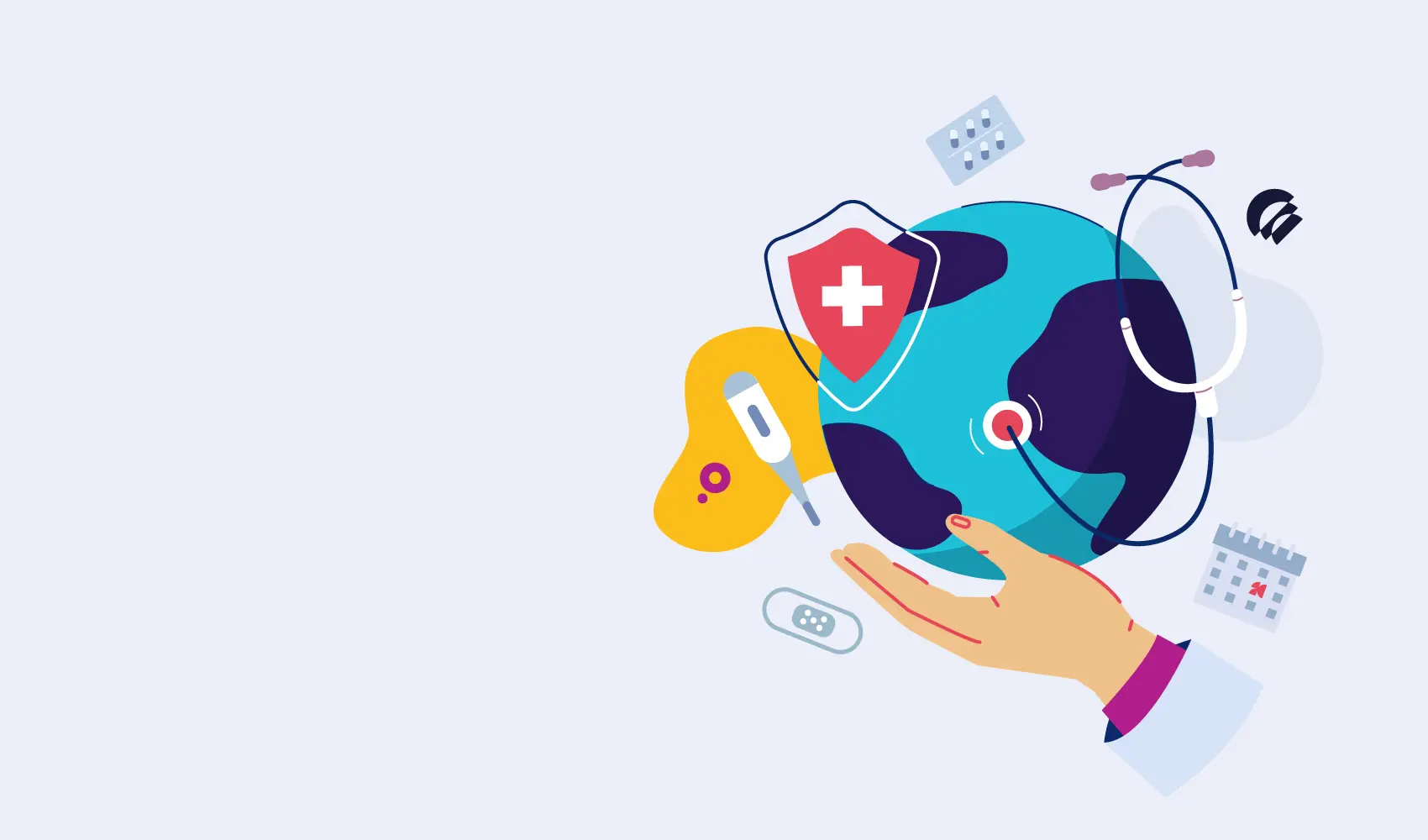 Illustration of a hand holding a globe surrounded by medical icons including a stethoscope, thermometer, shield and calendar, representing the interconnected stakeholders of the health system