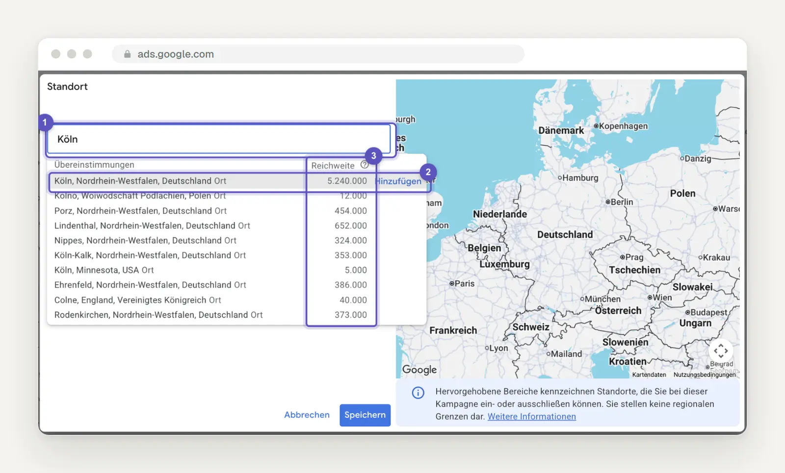 The "Location" dialog box in the Keyword Planner shows the search result for "Cologne," the match "Cologne, North Rhine-Westphalia, Germany" along with its reach and the "Add Link" option, and below that, Cologne's neighborhoods listed as separate locations.