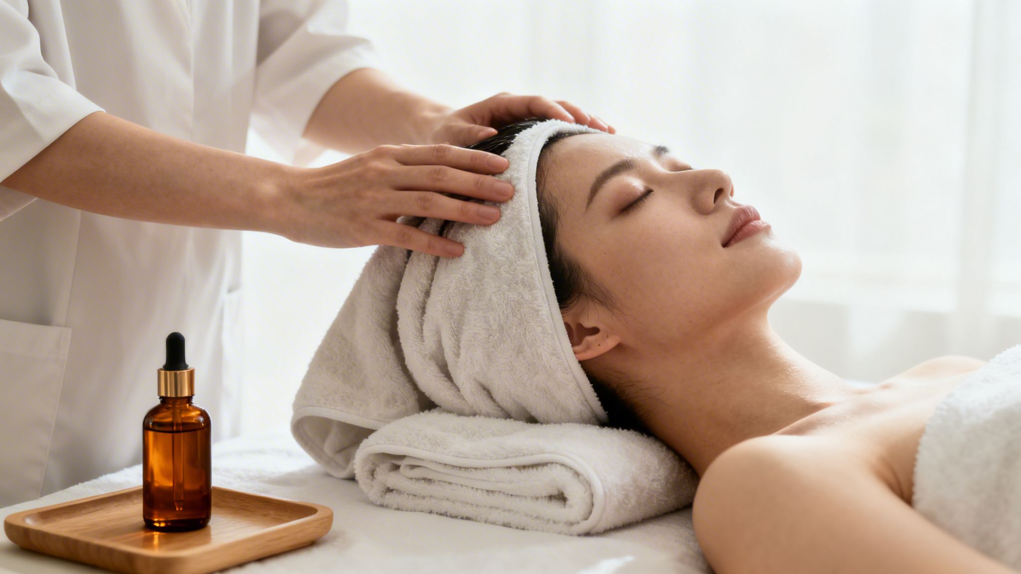 A woman receives a relaxing head massage with oil at a spa, promoting dry scalp remedies.