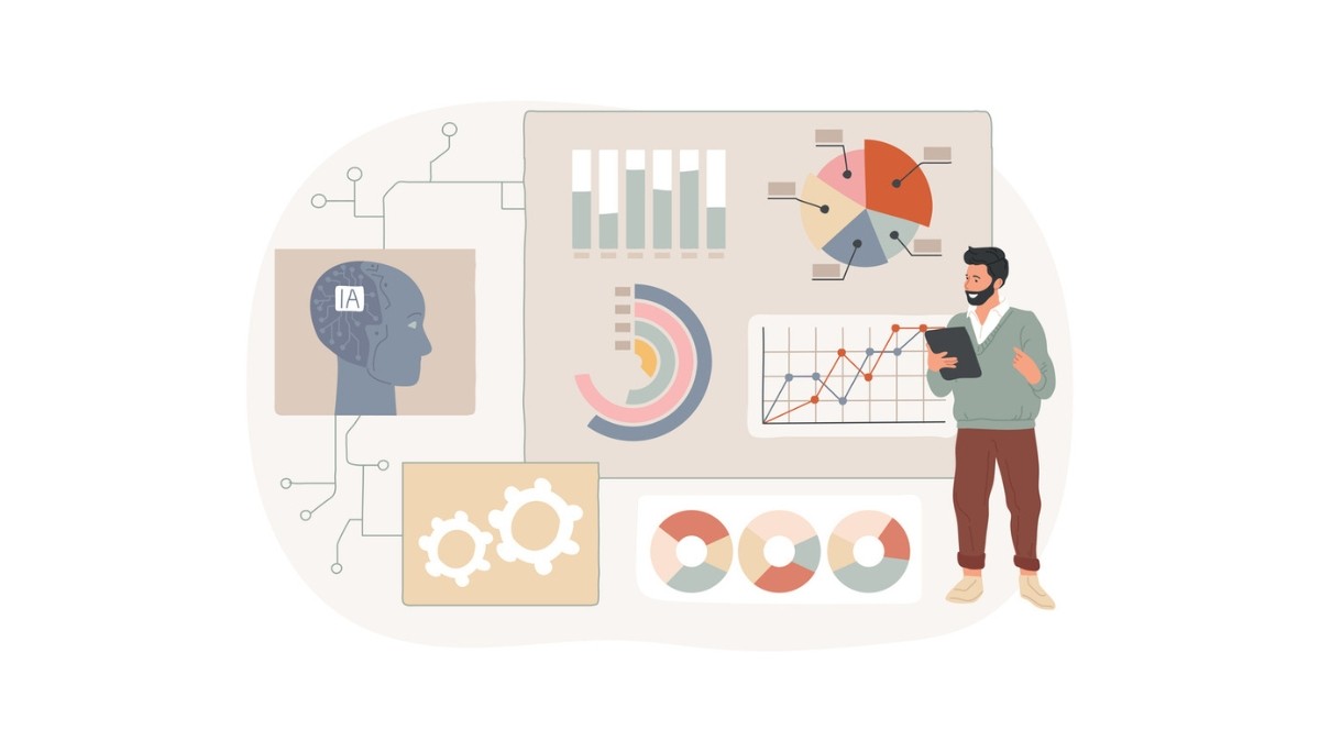 illustration of a human head with circuit patterns labeled “AI,” connected to charts and data visualizations, alongside a professional analyzing information on a tablet, representing the skills, roles, and strategic decision‑making of AI product managers.