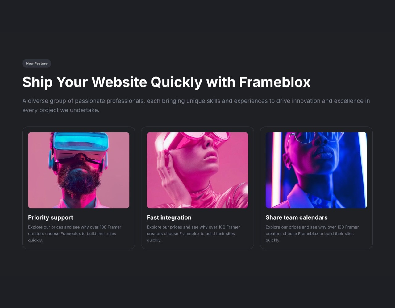 Framer Dark Features Section - Frameblox UI