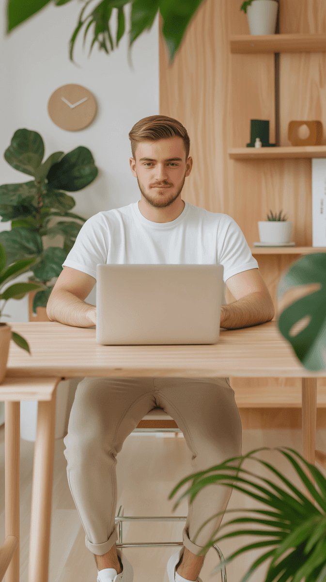 Young man working on a laptop at a wooden desk in a cozy green office with plants and wooden shelving