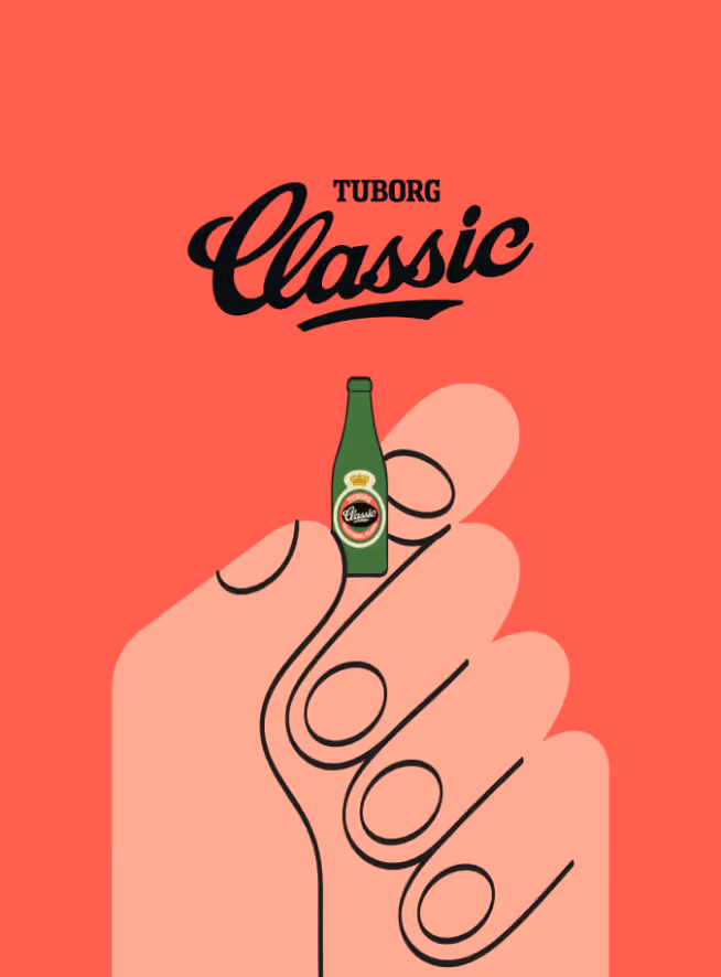 Illustration of a hand holding a small green Tuborg Classic beer bottle against a red background.