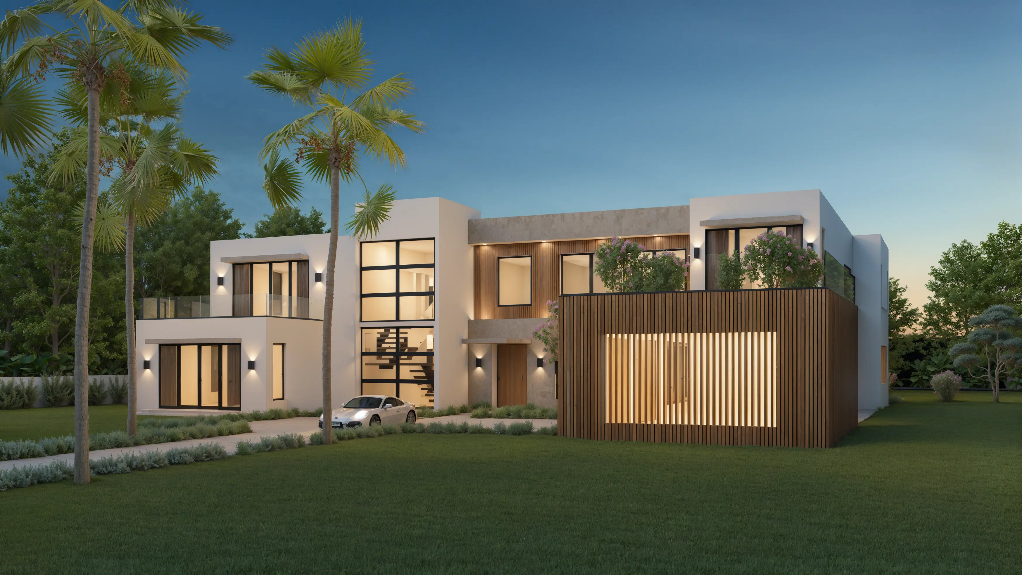 Contemporary two-story home in Kendall, Miami at dusk with white stucco volumes, wood slat cladding, floor-to-ceiling glass, and a glowing full-height stair window