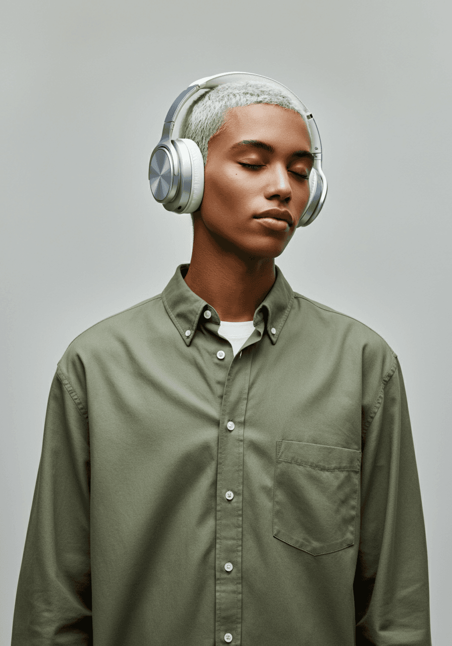 Man wearing silver headphones listening to music.