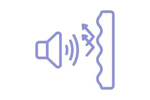 Icon of a speaker emitting sound waves, with a wavy line representing sound being blocked.