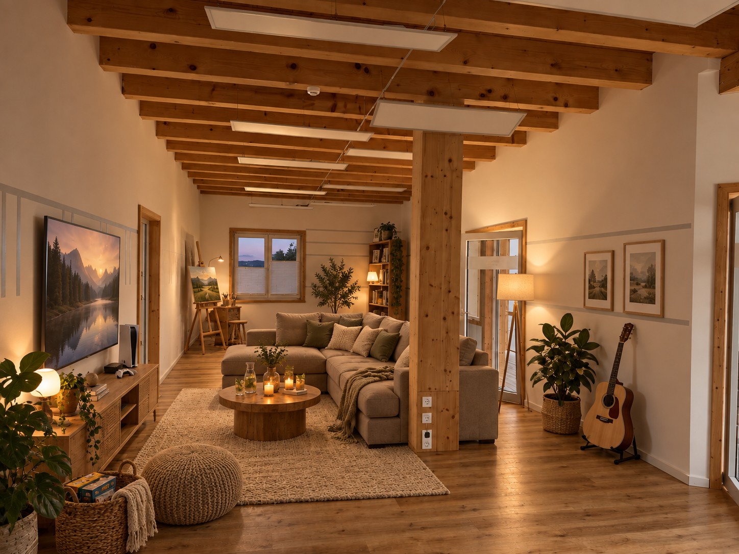 Gestaltungsidee eines Wohnzimmers mit Sofa und Holzdecke