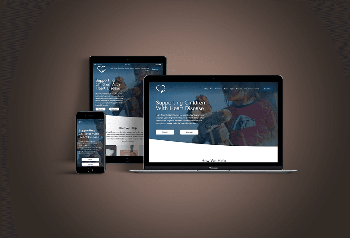Mockup of the Heart Beats Children’s Society website displayed on smartphone, tablet, and laptop screens, showcasing a responsive design with a hero image of a child holding a teddy bear and a call-to-action to donate or volunteer.