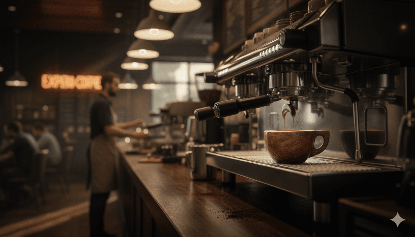 Close-up of a coffee cup placed near a professional espresso machine inside a softly lit café counter.