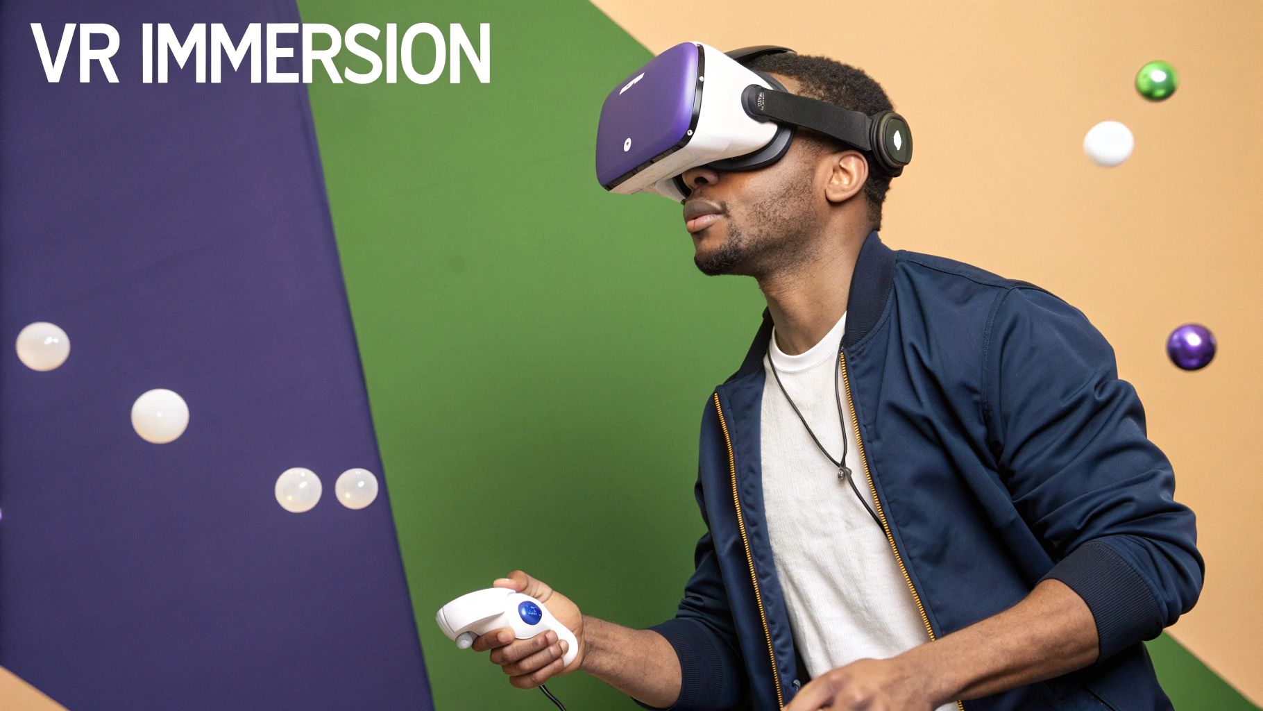 A person wearing a VR headset and holding controllers, immersed in a virtual gaming environment.