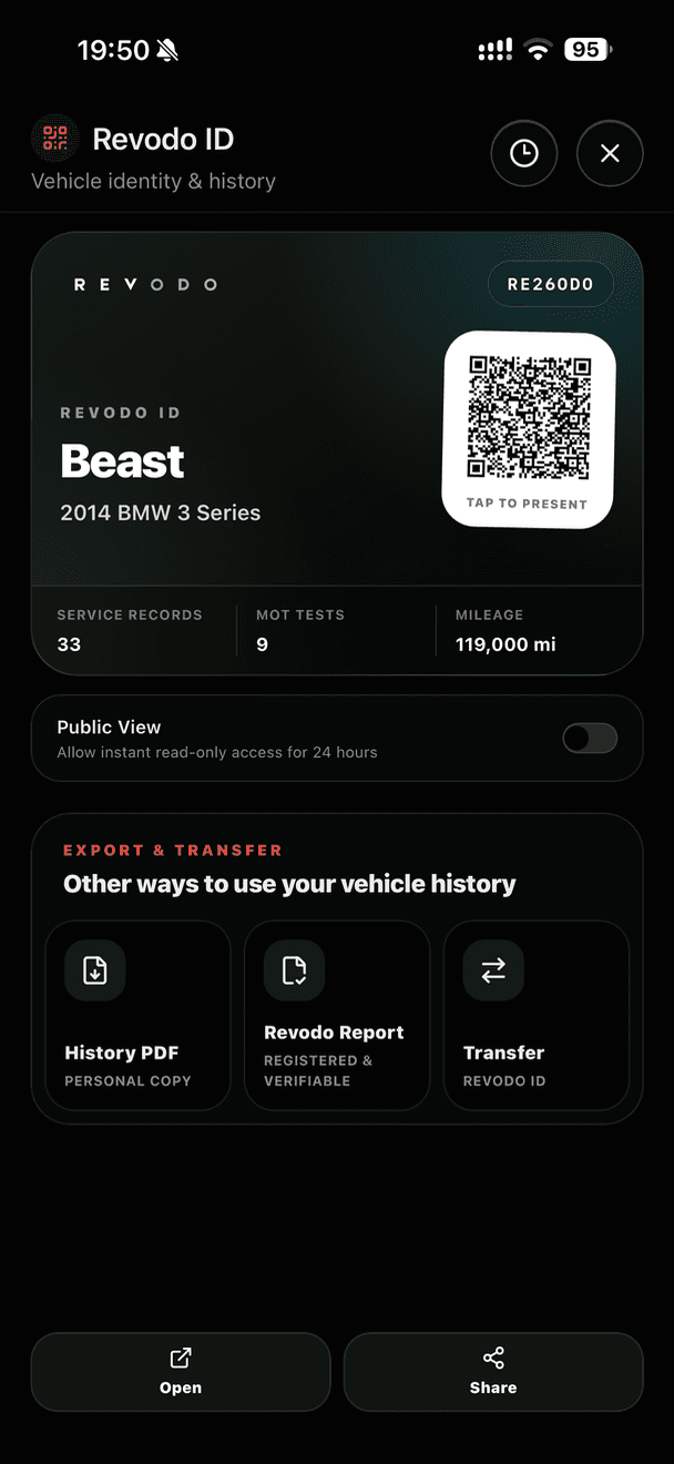 Revodo ID screen showing a vehicle QR code and identity summary